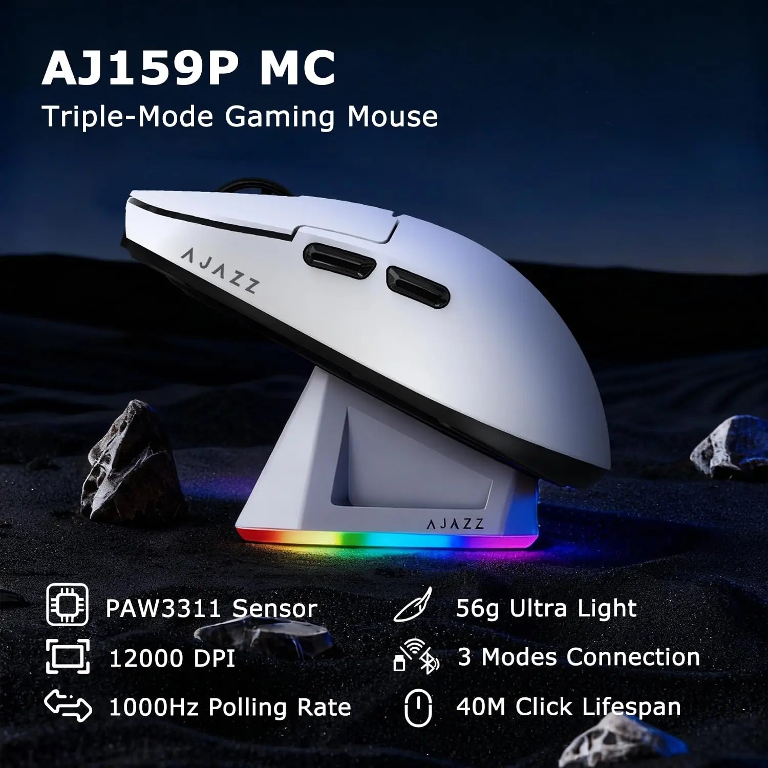 AJAZZ AJ159P MC Wireless Gaming Mouse features a magnetic charging dock, a PAW 3311 sensor, a 1000Hz polling rate, and a 400mAh battery—say goodbye to battery anxiety