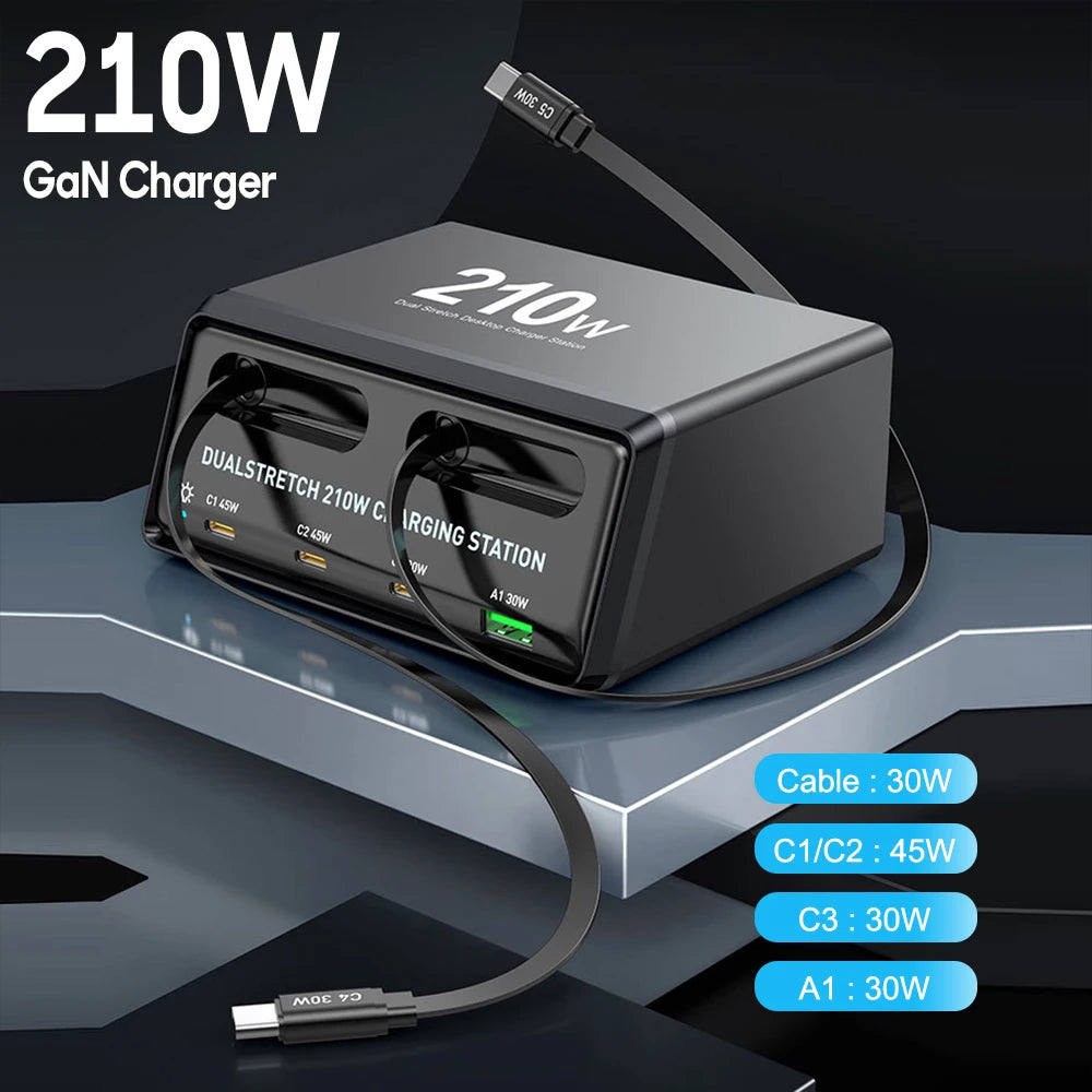 210W GaN Charger PD USB Type C PPS Fast Charging Station with Retractable Cable for iPhone 16 17 Samsung Mobile Phones Tablets