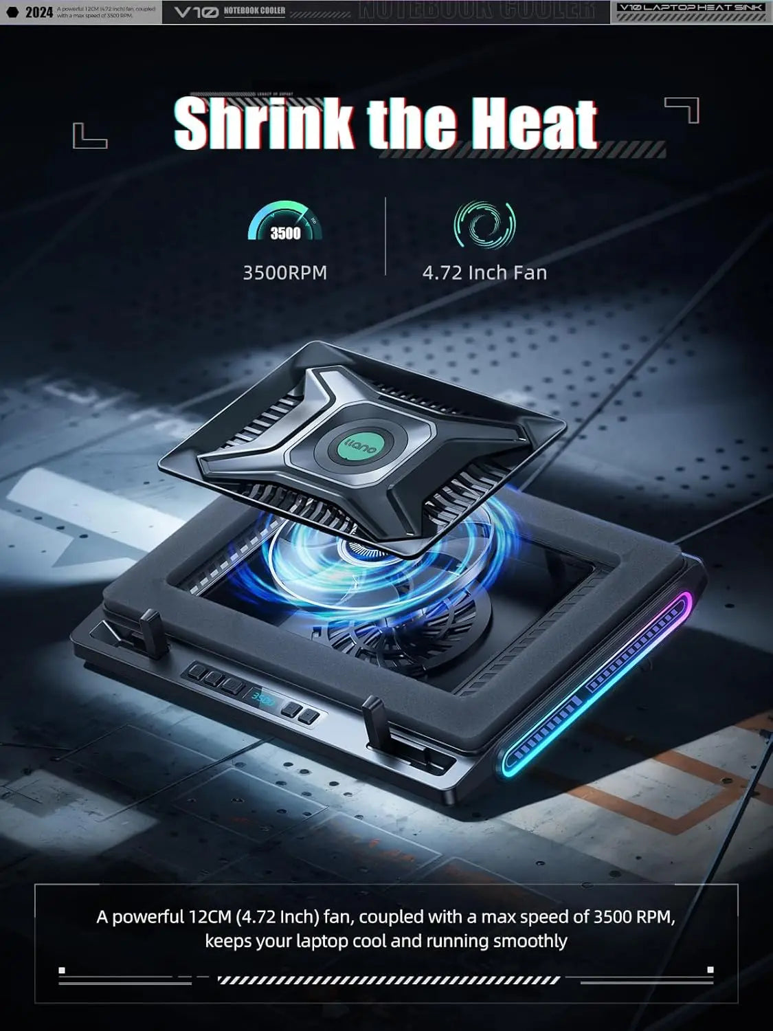Powerful Laptop Cooling Pad with 4.72" Turbo Fan, RGB, 13-17.3in, 3 Adjustable Stands, USB Hub