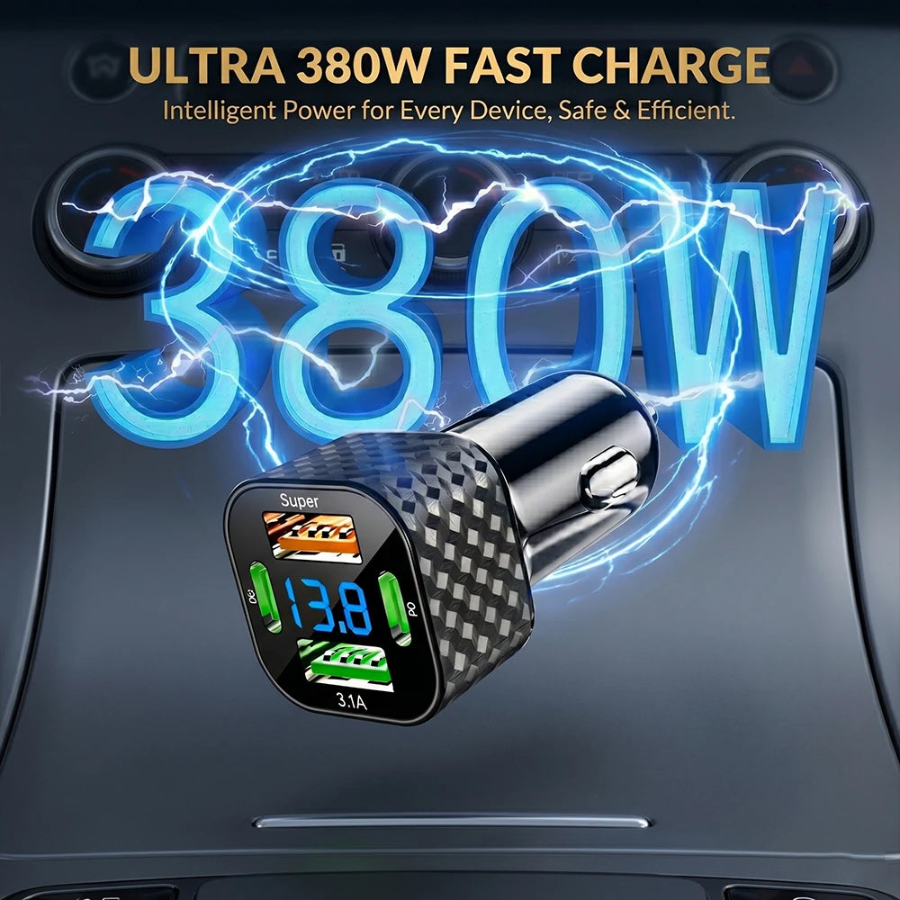 4 in 1 Car Phone Charger Dual PD USB C 380W Super Fast Charge Adapter Vehicle Power Plug Auto Phone Charger For iPhone Samsung