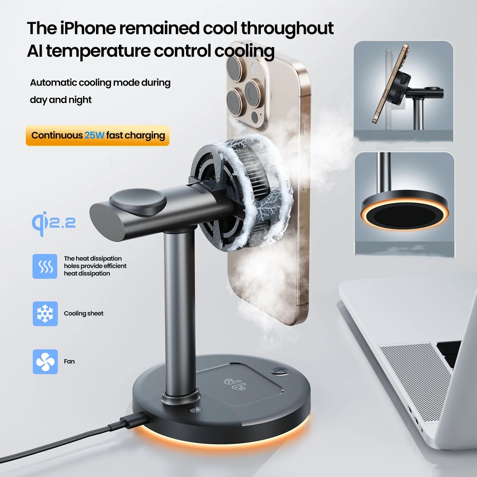 LED Light & Air Cooling & qi2 25W Magnetic Wireless Charger For iPhone 17 16 15 14 13 12 Apple Watch Airpods Pro Fast Charging