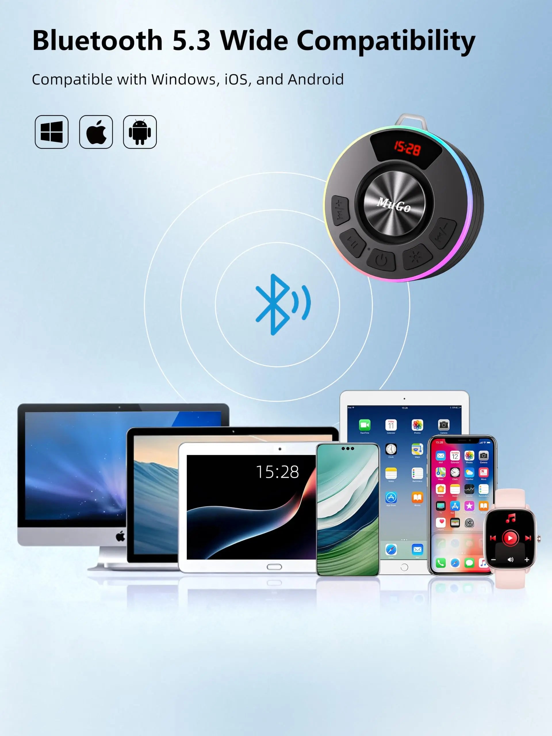 IPX7 Waterproof Floating Bluetooth Speaker | 360° Surround Sound + RGB Light Show | 10H Playtime | BT 5.3 | Built-in Mic | Detachable Suction Cup | Portable for Shower Beach Pool.