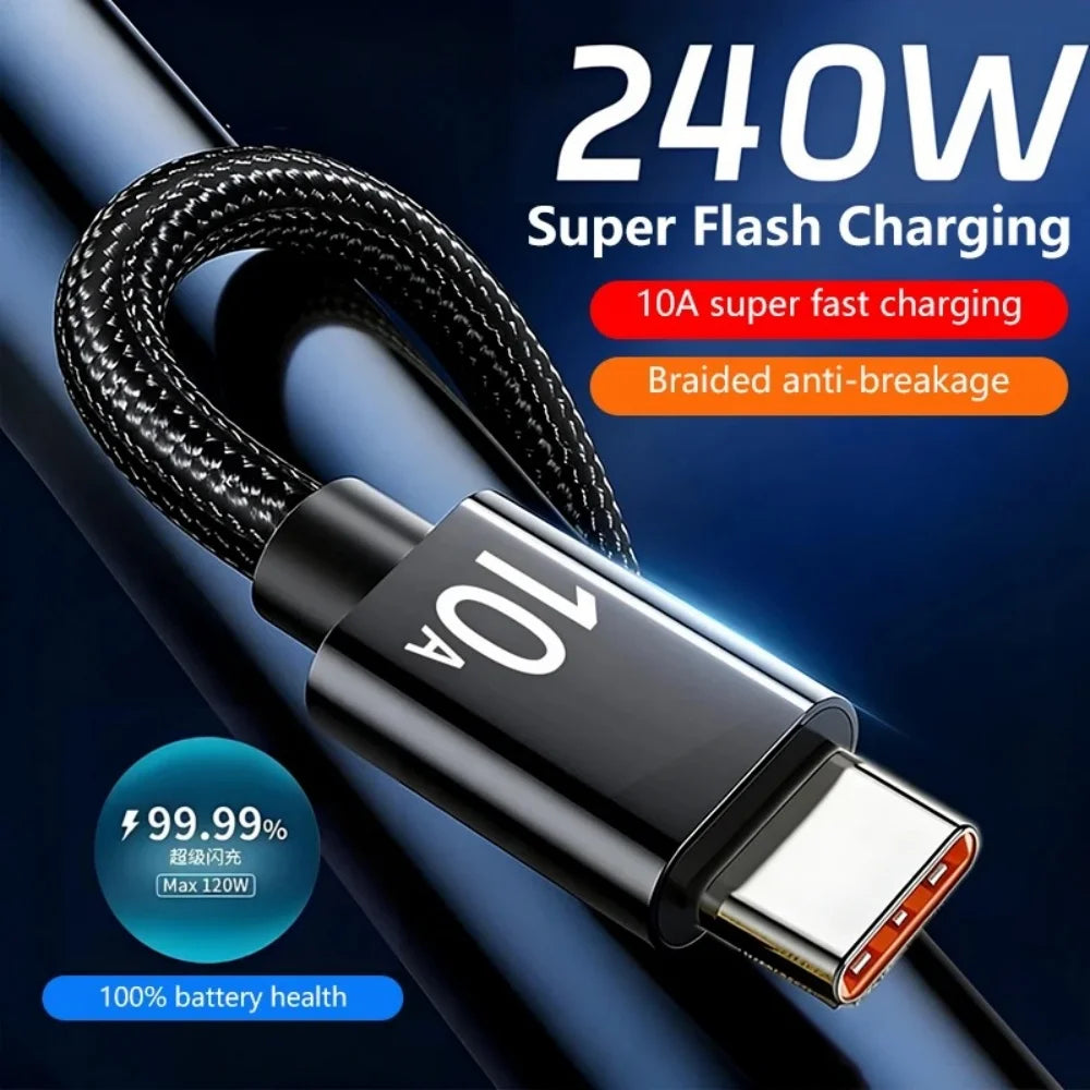240W 10A USB to Type C Super Fast Charging Cable Nylon Braided USB C Phone Quick Charge Data Cord For Samsung Xiaomi Huawei Oppo