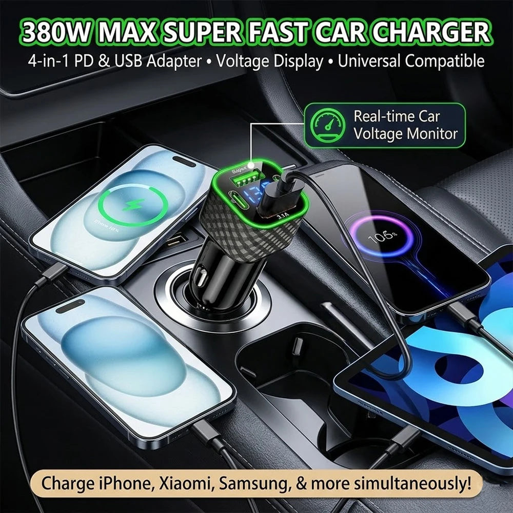 4 in 1 Car Phone Charger Dual PD USB C 380W Super Fast Charge Adapter Vehicle Power Plug Auto Phone Charger For iPhone Samsung