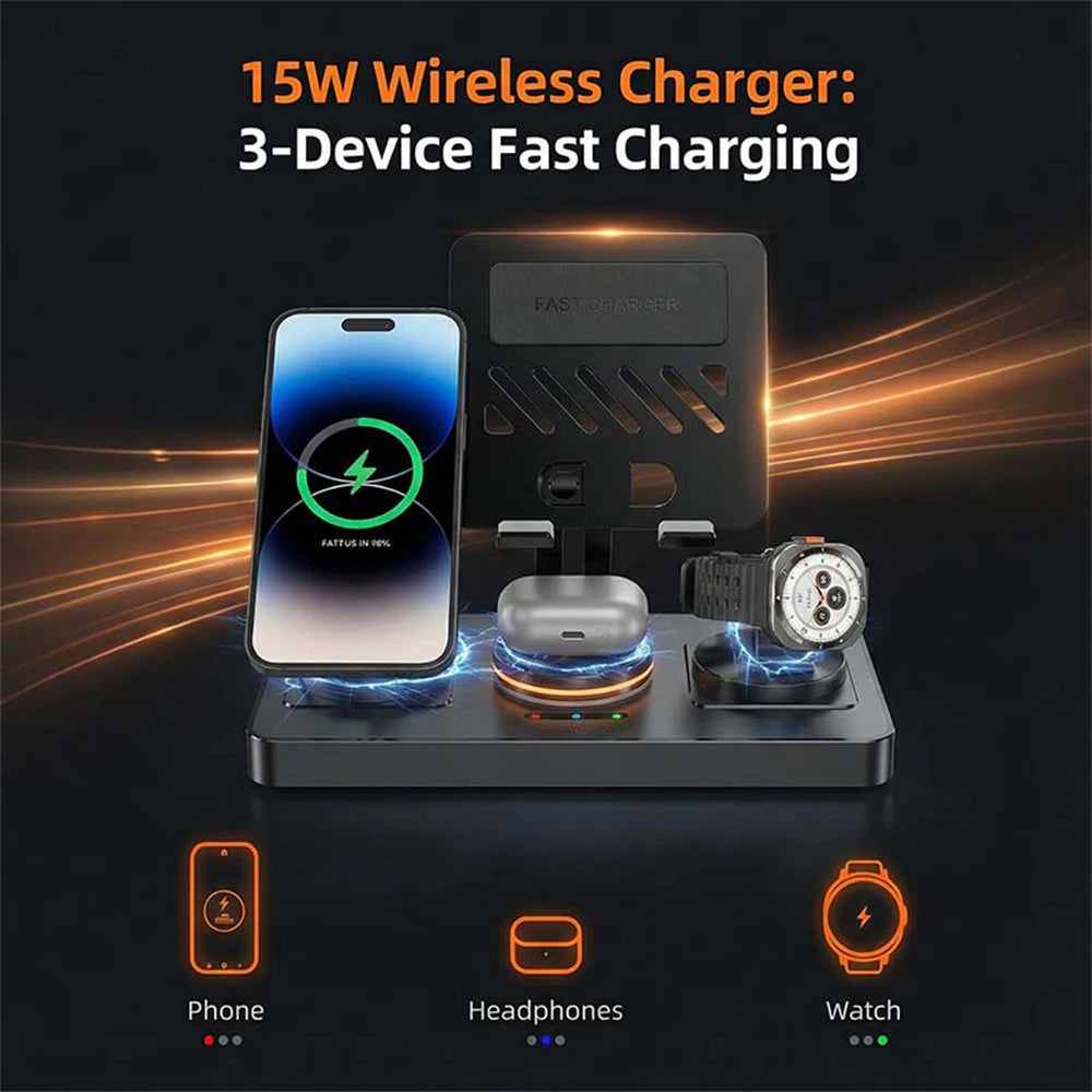 5-in-1 Foldable Wireless Charging Station 60W Fast Charger Desktop Dock with Retractable Cable & Metal Tablet Stand