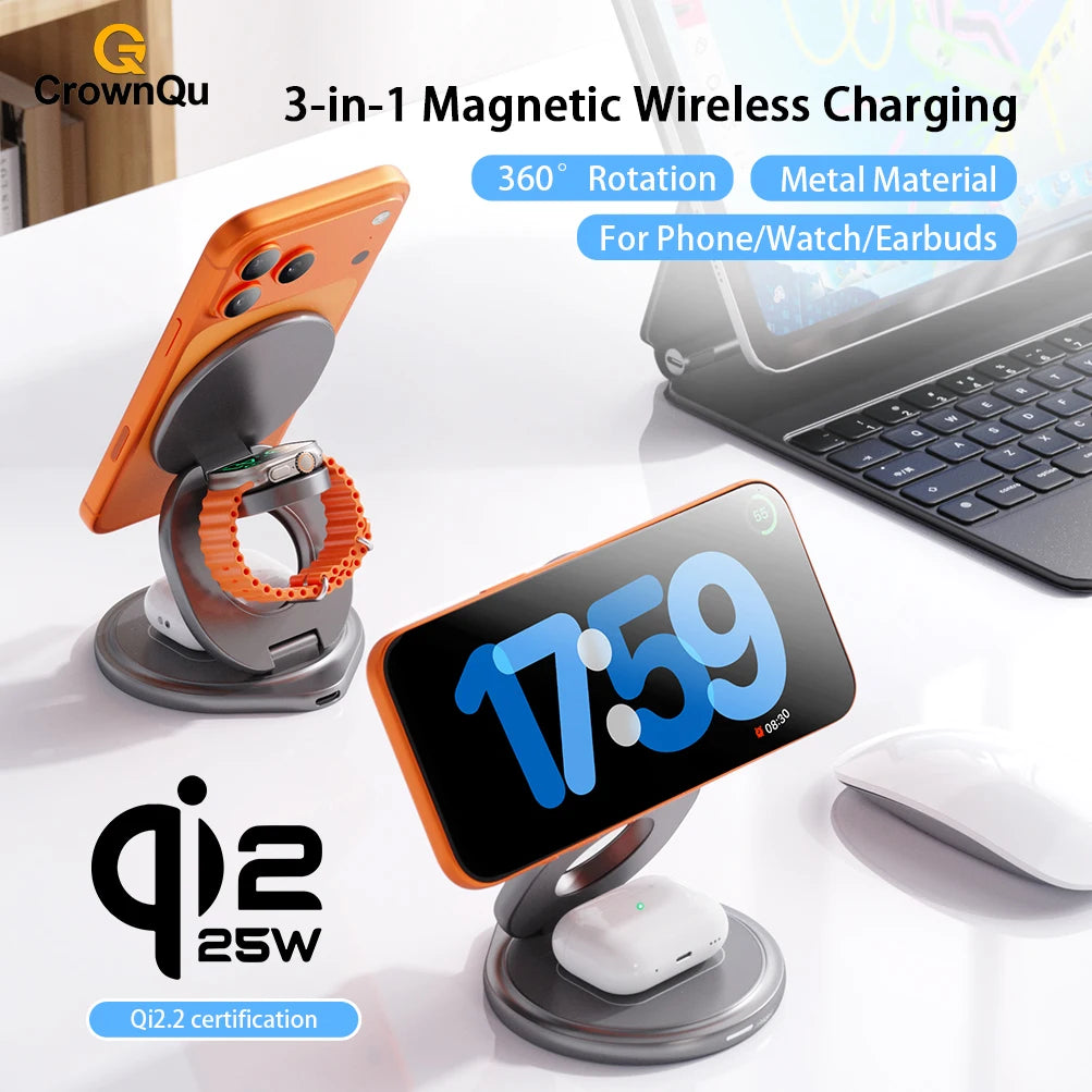 Qi2.2 25W Metal Magnetic Wireless Charger Fast Charging Station 360° Rotation Foldable for iPhone 17 16 15 Watch Airpods  3 in 1