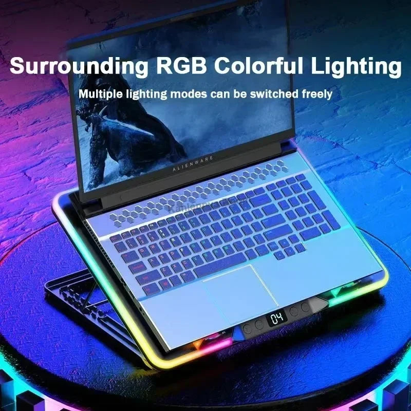 F36 Gaming Laptop Cooling Pad w/ 5 Fan Dual USB LED Screen Laptop Notebook Cooler Stand for 11-17.3'' 7 Angle Adjustable Bracket