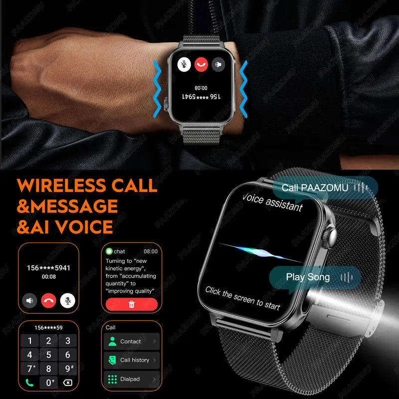 2025 New Smart Watch Men Women Type-C Charging Heart Rate LED Flashlight Bluetooth Call IP68 Waterproof SmartWatch for Android