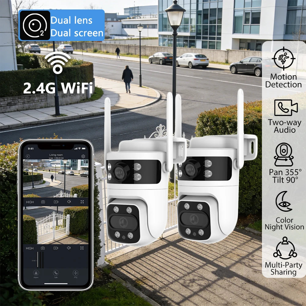 2pcs Smart Window Camera Dual Lens PTZ Security Camera 2K Outdoor WiFi Camera AI Human Detection Color Night Vision Two-Way