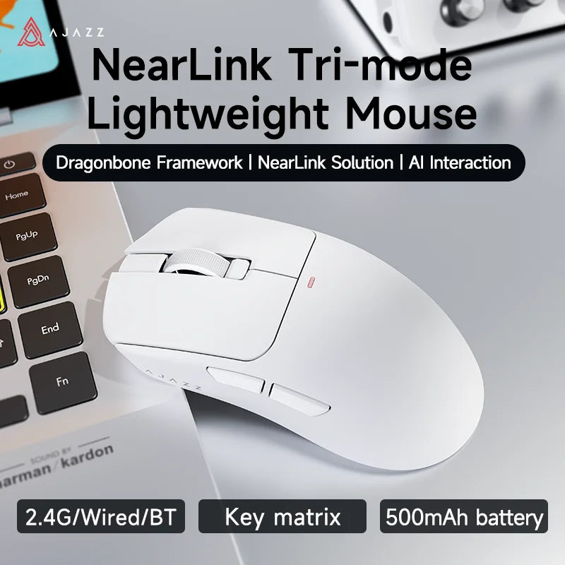 AJAZZ AJ200 NL AI MC & AJ200P NL AI MC Triple-Mode Smart Gaming Mouse, 63g ultra-lightweight, with magnetic dock, equipped with PixArt PAW3311 sensor, 2.4G / Bluetooth / Wired connection, 20-million-click switches and TTC enc