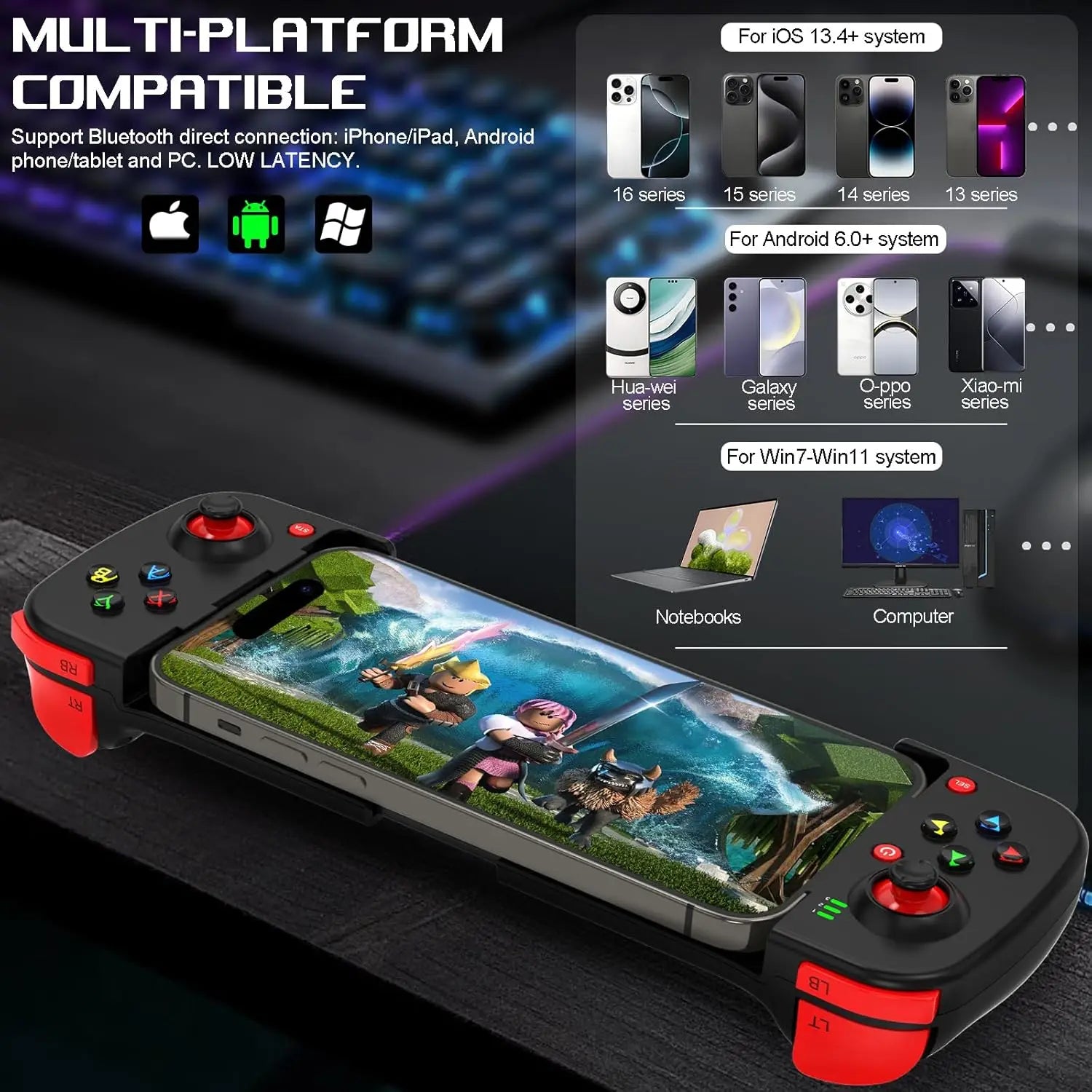 D3 Retractable  Gamepad Wireless Stretch Game Controller Compatible with iPhone Android Phone Switch PS3 PS4 PC Portable Gaming Joystick