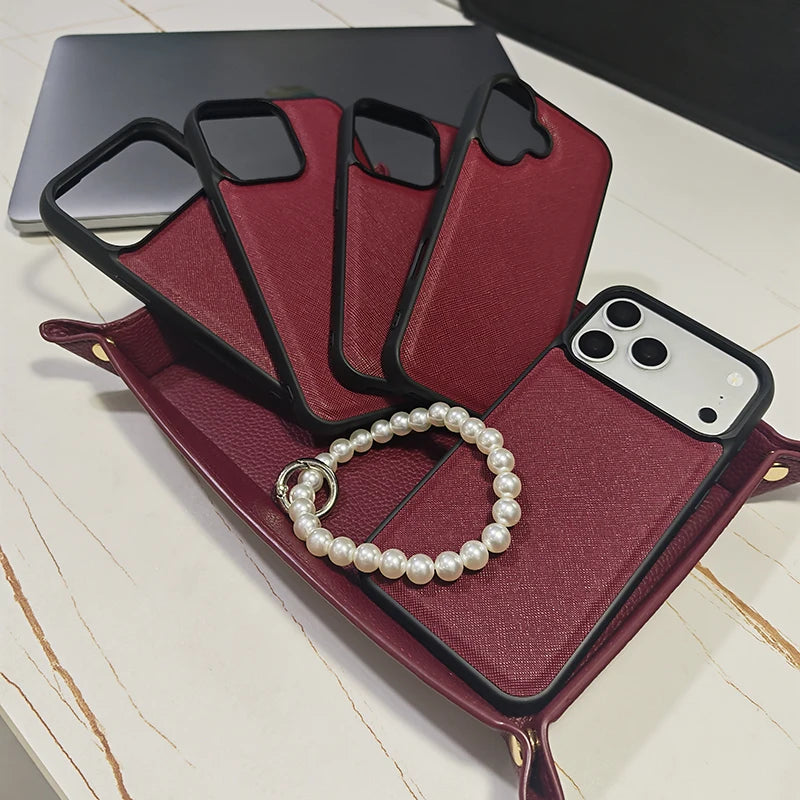 burgundy Fashion Saffiano Leather Business Phone Case for iPhone 17 16 15 14 13 Pro Max Elegant Shockproof Bumper Cover
