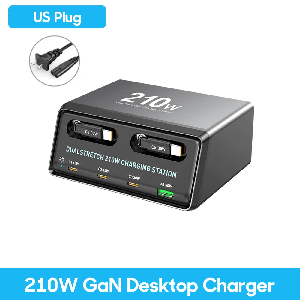 210W GaN Charger PD USB Type C PPS Fast Charging Station with Retractable Cable for iPhone 16 17 Samsung Mobile Phones Tablets