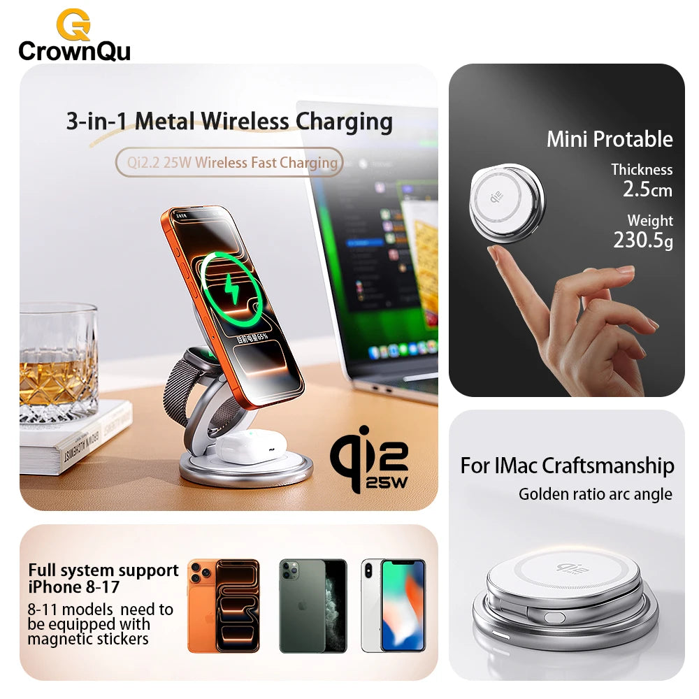 Qi2.2 25W Metal Magnetic Wireless Charger Fast Charging Station 360° Rotation Foldable for iPhone 17 16 15 Watch Airpods  3 in 1