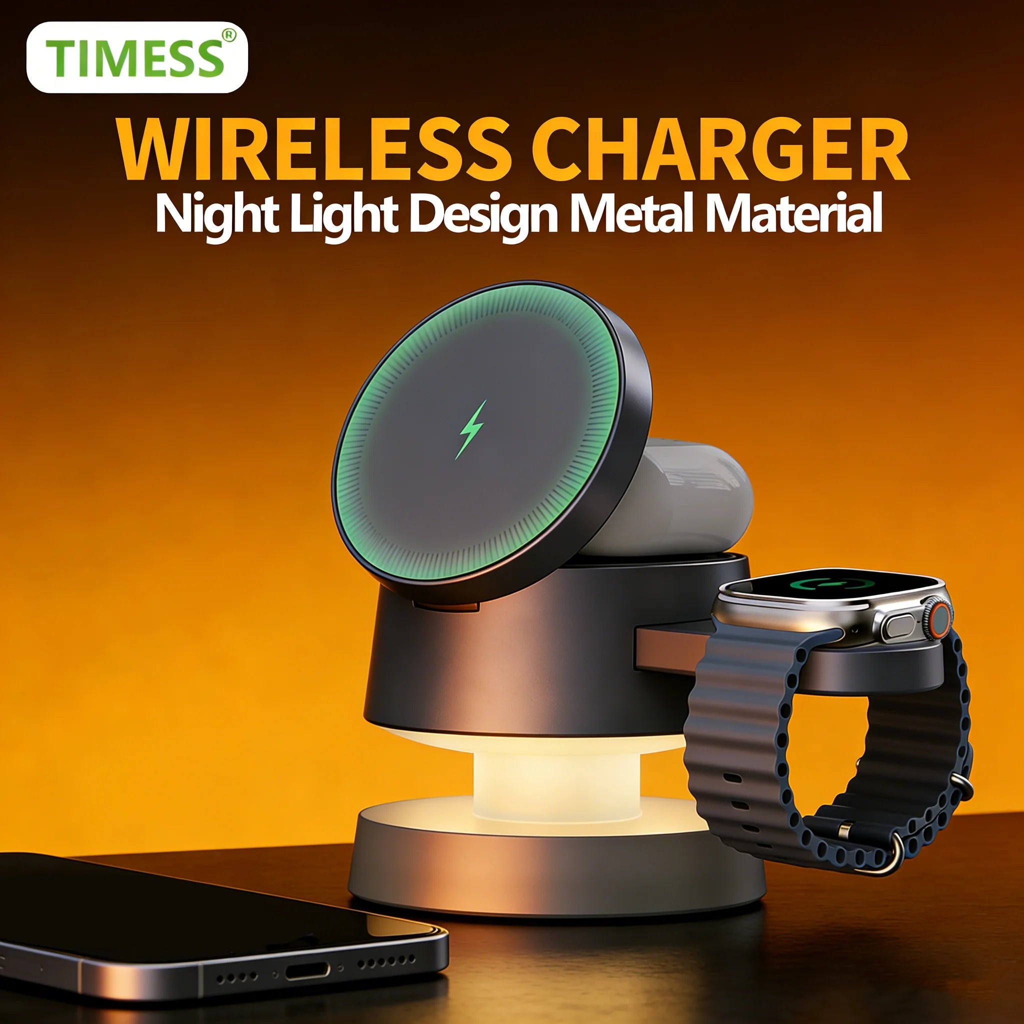 TIMESS Night Light Mashroom Wireless Charger For IPhone 17 16 15 14 13 12 PRO MAX FOR Apple Watch Series Ultra 11 10 9 8 7 6 5 4 2 For Airpods 3 2 Pro Charging Station Stand Pads 3 in 1 Ambient Light Small Size Strong Magnrti