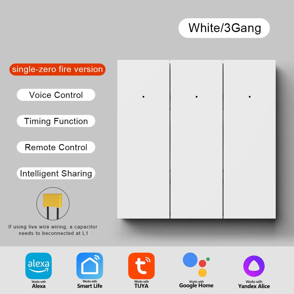 Tuya WiFi EU Smart Light Switch Wall Touch Switch 1 2 3 gang Required 110-240V Work with Alexa, Google Home