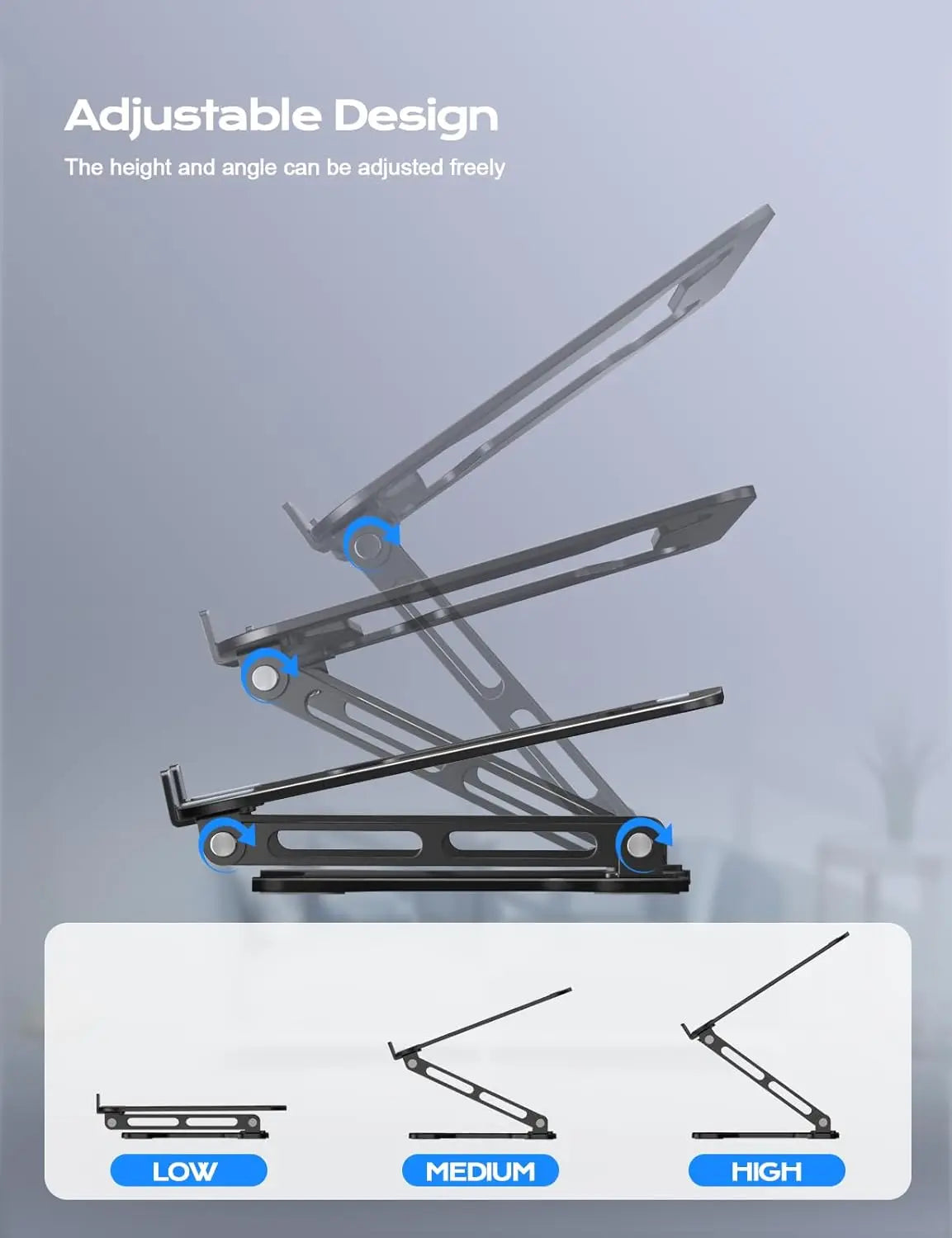 Adjustable Laptop Stand for Desk, Metal Foldable Riser, Portable Cooling Holder, Ergonomic for 10-15.6" Laptops