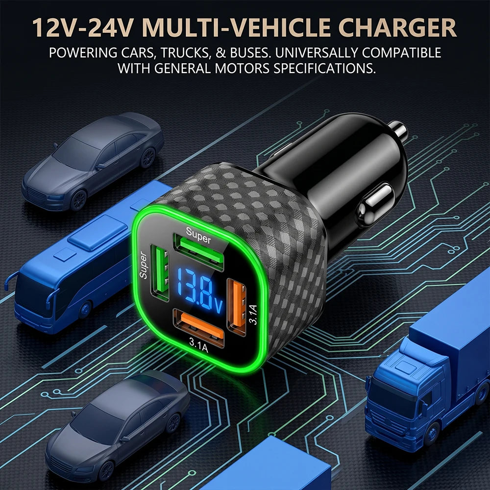 4 in 1 Car Phone Charger Dual PD USB C 380W Super Fast Charge Adapter Vehicle Power Plug Auto Phone Charger For iPhone Samsung