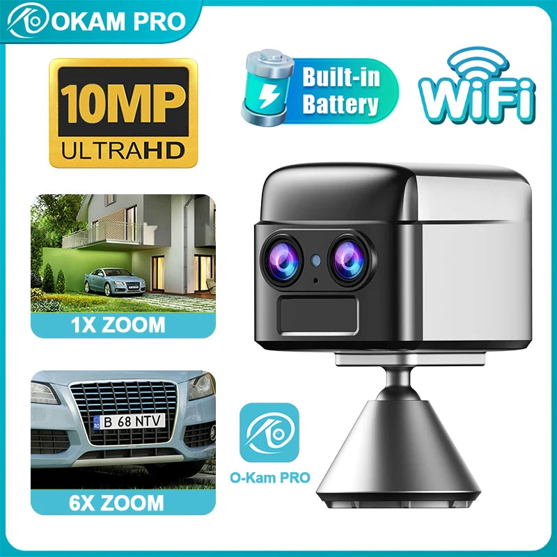 OKAM PRO WIFI MINI Dual-Lens HD 10MP 6X ZOOM 4G SIM Camera with Two-Way Talk Night Vision PIR Motion Waterproof Security Camera