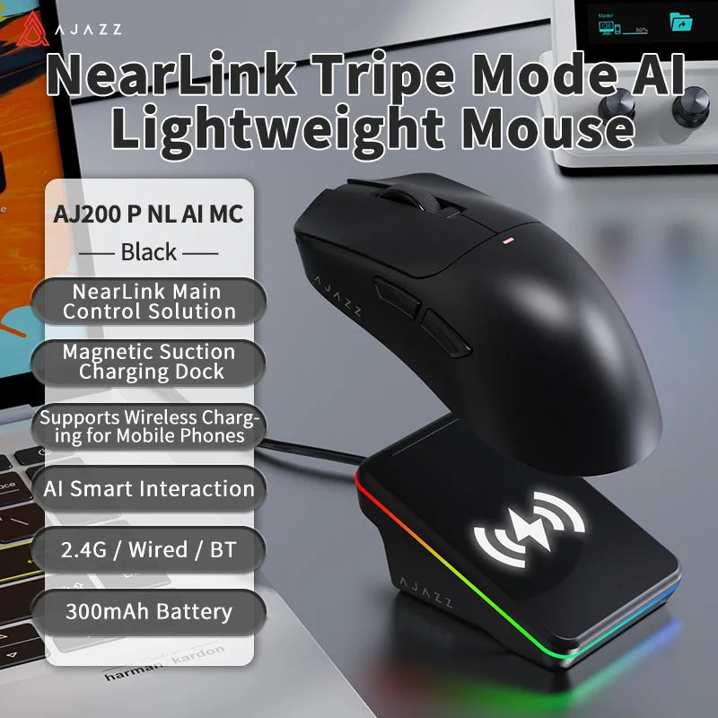 AJAZZ AJ200 NL AI MC & AJ200P NL AI MC Triple-Mode Smart Gaming Mouse, 63g ultra-lightweight, with magnetic dock, equipped with PixArt PAW3311 sensor, 2.4G / Bluetooth / Wired connection, 20-million-click switches and TTC enc