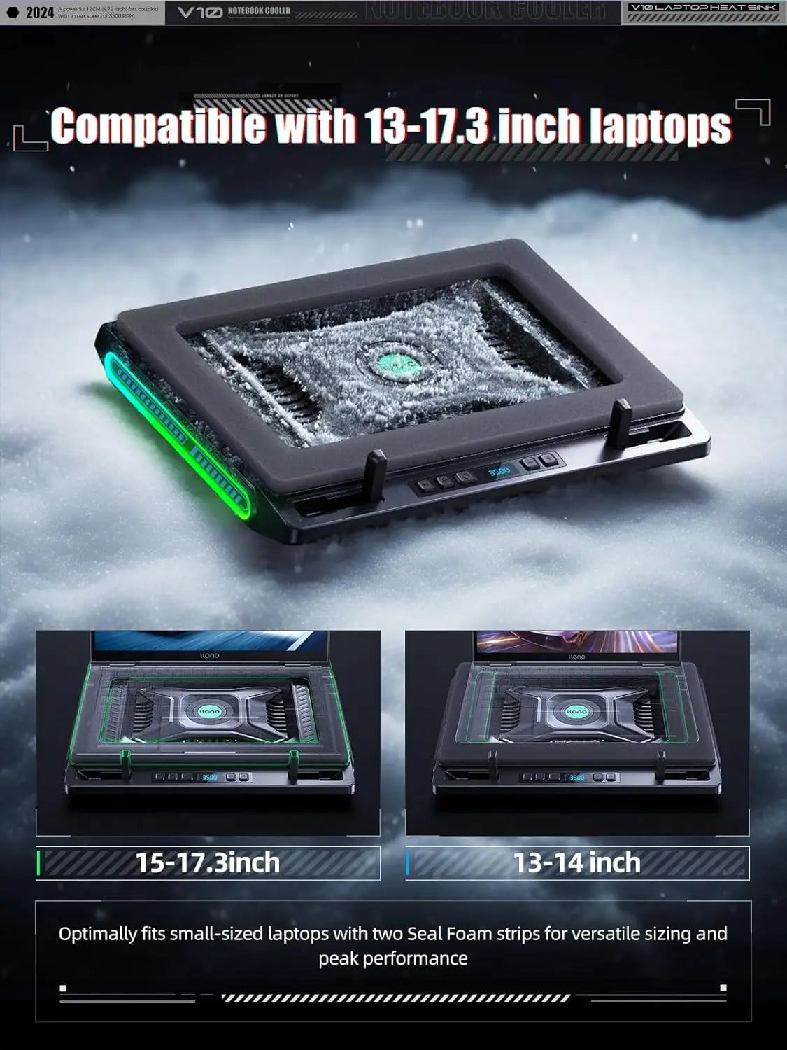Powerful Laptop Cooling Pad with 4.72" Turbo Fan, RGB, 13-17.3in, 3 Adjustable Stands, USB Hub