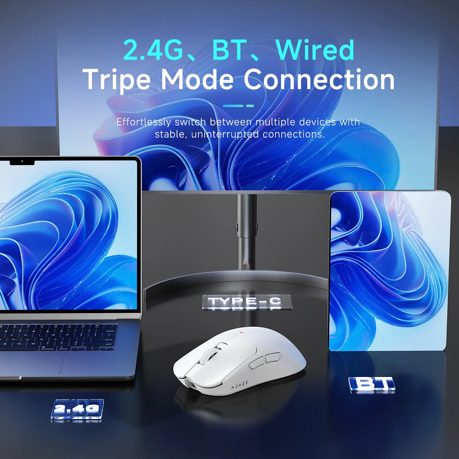 AJAZZ AJ200 NL AI MC & AJ200P NL AI MC Triple-Mode Smart Gaming Mouse, 63g ultra-lightweight, with magnetic dock, equipped with PixArt PAW3311 sensor, 2.4G / Bluetooth / Wired connection, 20-million-click switches and TTC enc