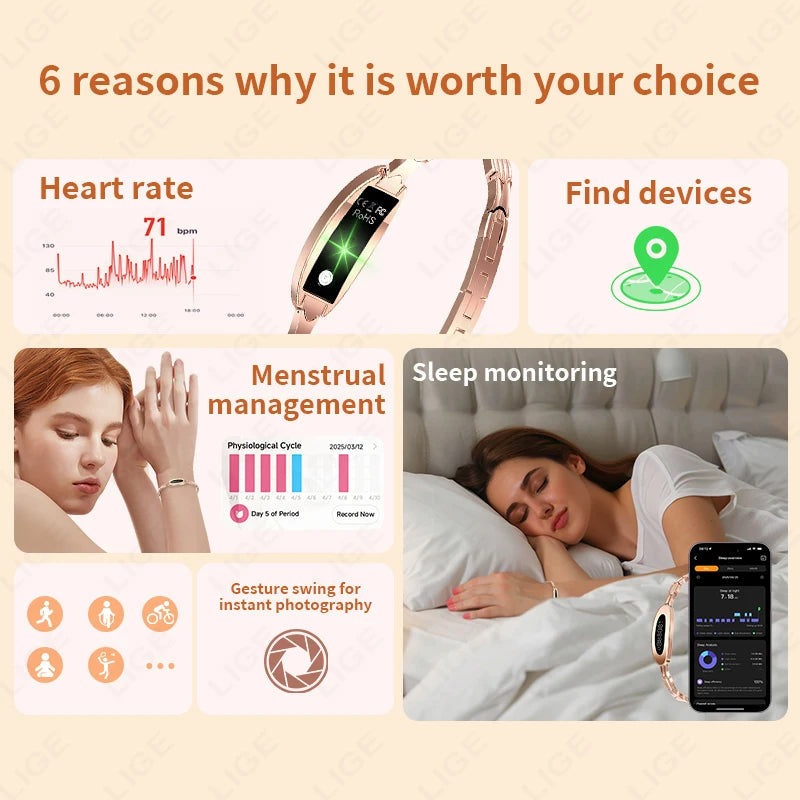 LIGE New Hot Sales Smart Bracelet Lightweight Sports Band Fitness Health Tracker Call Message Reminder Luxury Women's Smartwatch