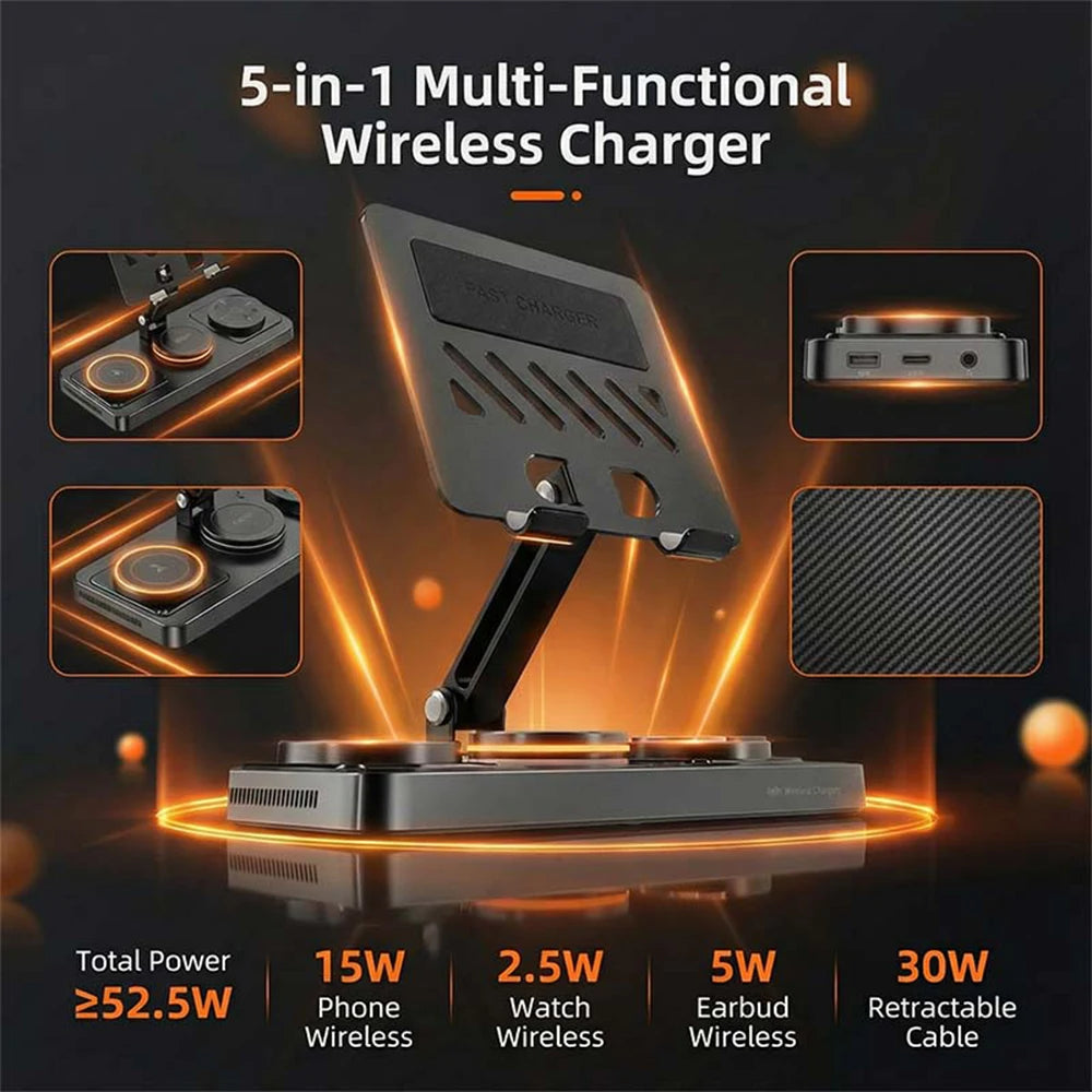 5-in-1 Foldable Wireless Charging Station 60W Fast Charger Desktop Dock with Retractable Cable & Metal Tablet Stand