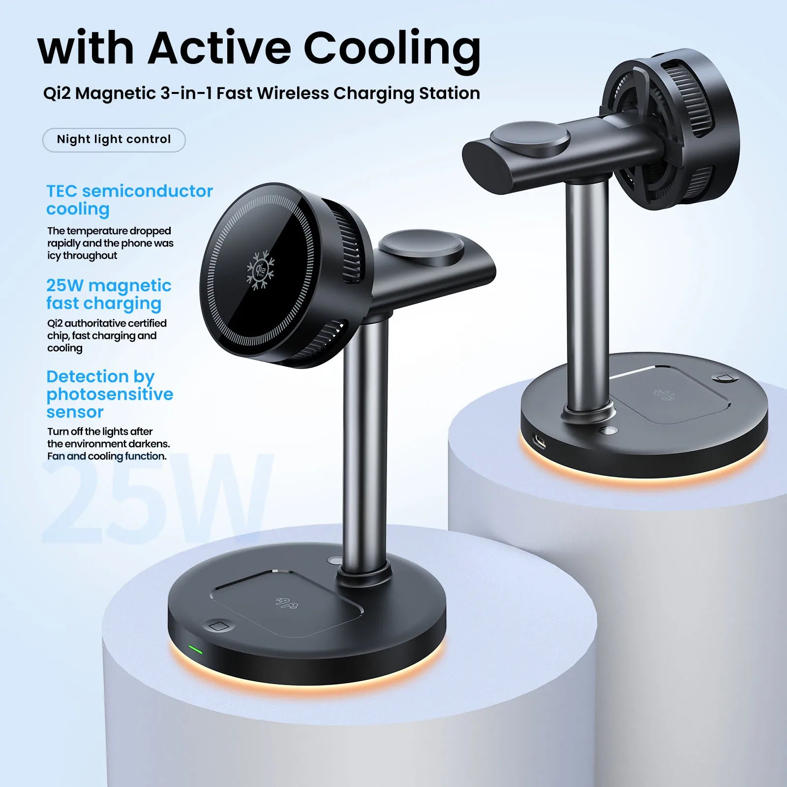 LED Light & Air Cooling & qi2 25W Magnetic Wireless Charger For iPhone 17 16 15 14 13 12 Apple Watch Airpods Pro Fast Charging