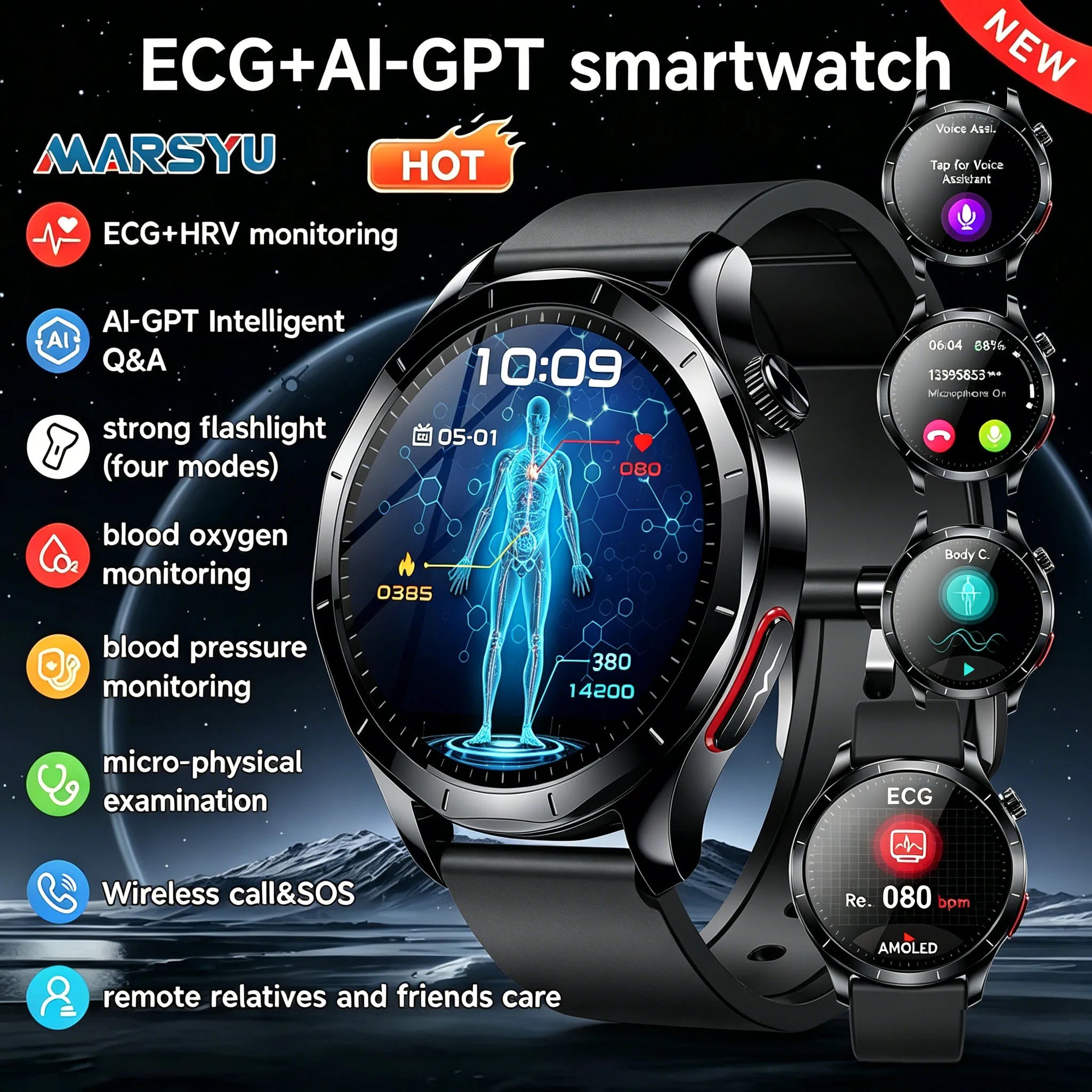Marsyu 2026 Smart Watch ECG+PPG Uric Acid Blood Pressure Body Analysis HD Call LED Flashlight Smart Watch Women Men’s