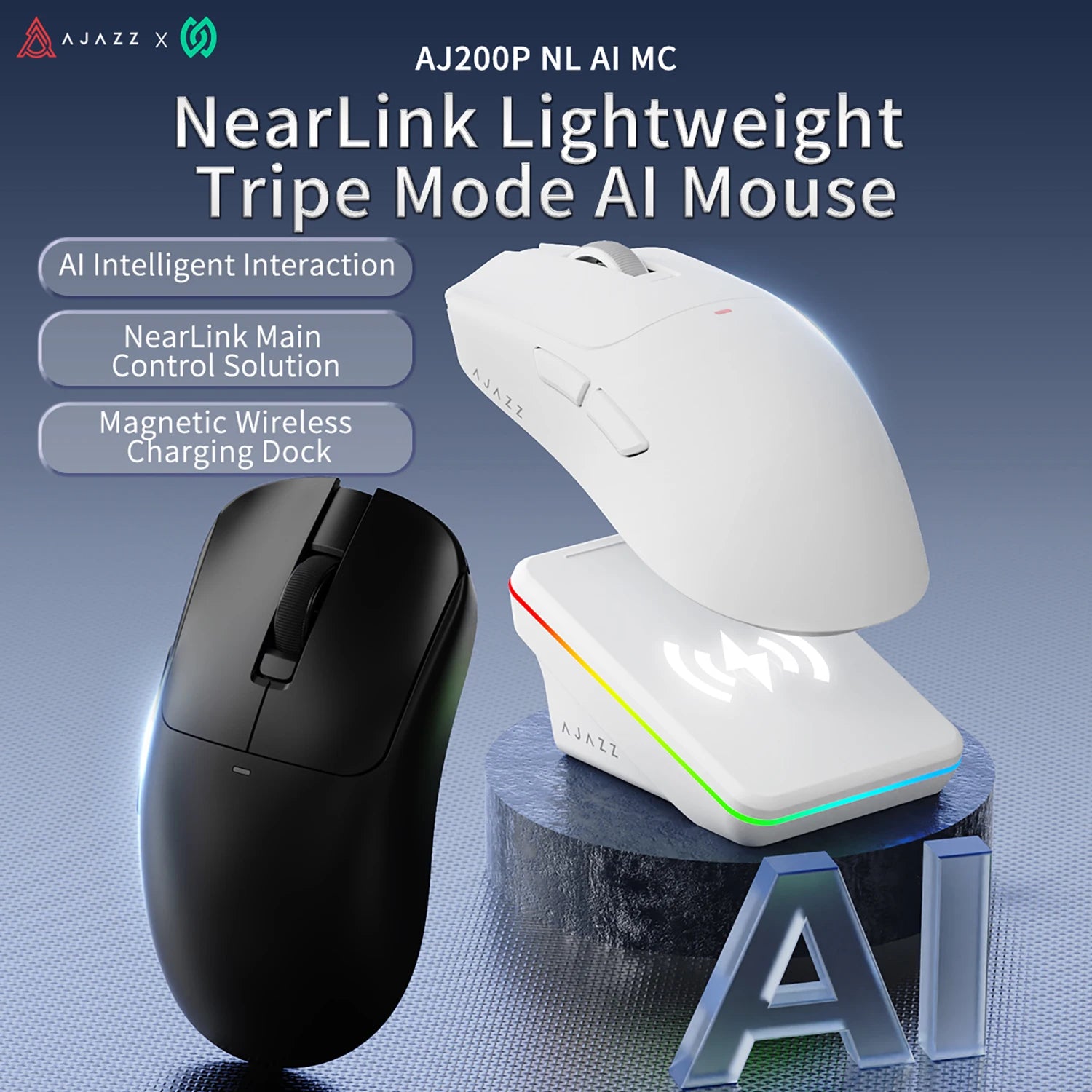 AJAZZ AJ200 NL AI MC & AJ200P NL AI MC Triple-Mode Smart Gaming Mouse, 63g ultra-lightweight, with magnetic dock, equipped with PixArt PAW3311 sensor, 2.4G / Bluetooth / Wired connection, 20-million-click switches and TTC enc