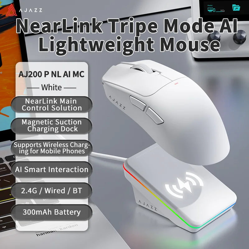 AJAZZ AJ200 NL AI MC & AJ200P NL AI MC Triple-Mode Smart Gaming Mouse, 63g ultra-lightweight, with magnetic dock, equipped with PixArt PAW3311 sensor, 2.4G / Bluetooth / Wired connection, 20-million-click switches and TTC enc