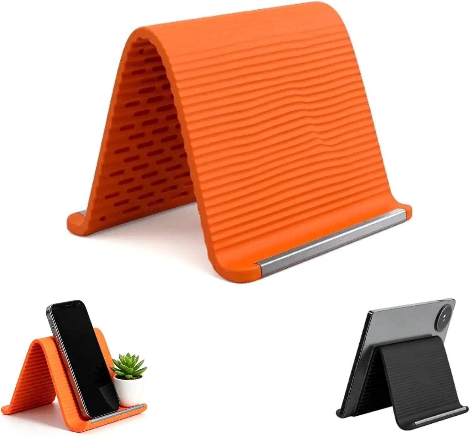Silicone Phone Stand with Aluminum, Flexible Foldable Phone Holder, Bendable Adjustable Anti-Slip Desktop Stand for Phone Tablet Laptop, Portable Rollable Multi-Angle Stand for Home (Black)