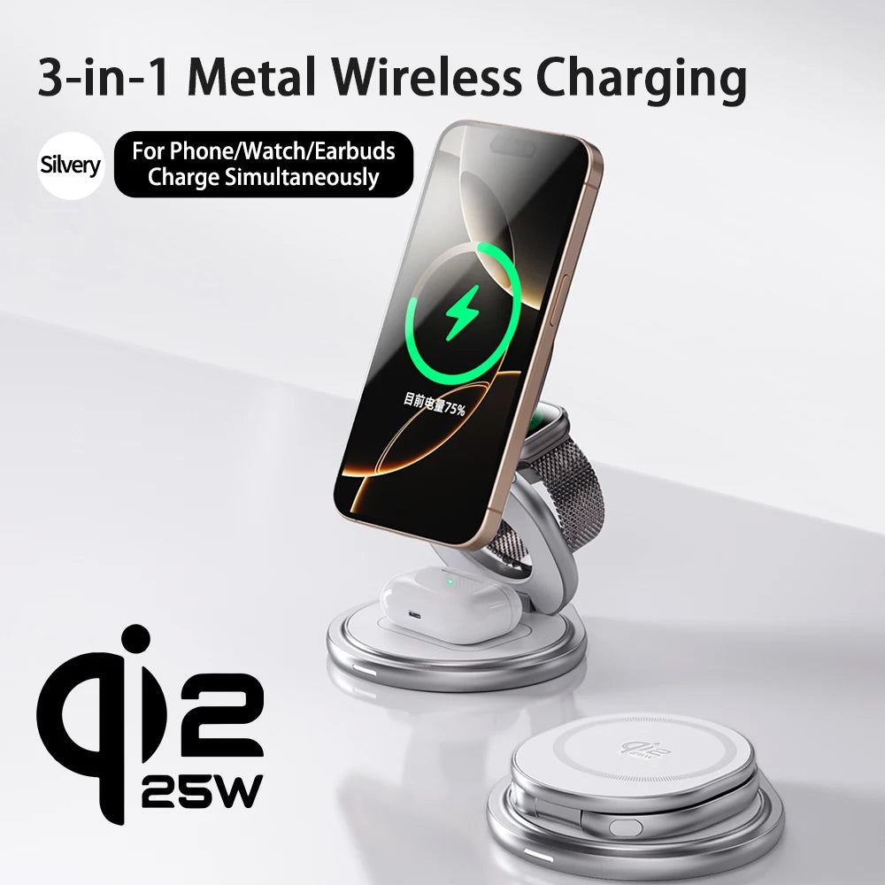 Qi2.2 25W Metal Magnetic Wireless Charger Fast Charging Station 360° Rotation Foldable for iPhone 17 16 15 Watch Airpods  3 in 1