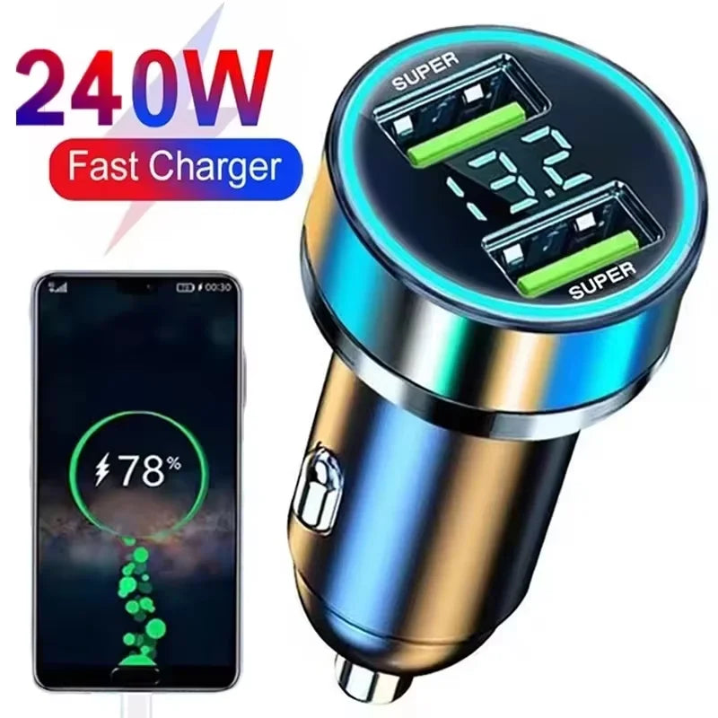 Fast charging car charger, 240W 2-port USB adapter with digital screen and ambient light, ignition and start system charger