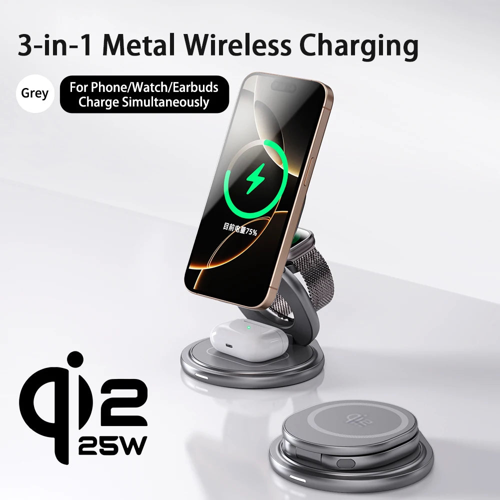 Qi2.2 25W Metal Magnetic Wireless Charger Fast Charging Station 360° Rotation Foldable for iPhone 17 16 15 Watch Airpods  3 in 1