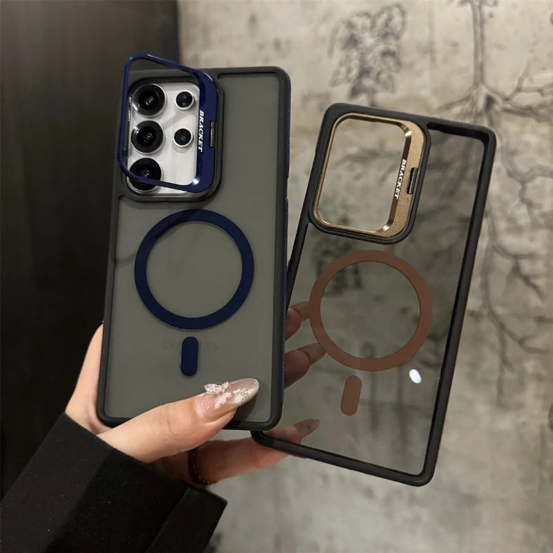 Luxury metal bracket dual-color magnetic shock-absorbing protective case for Samsung S25 S24 S22 S23 FE Ultra Plus Hard shell