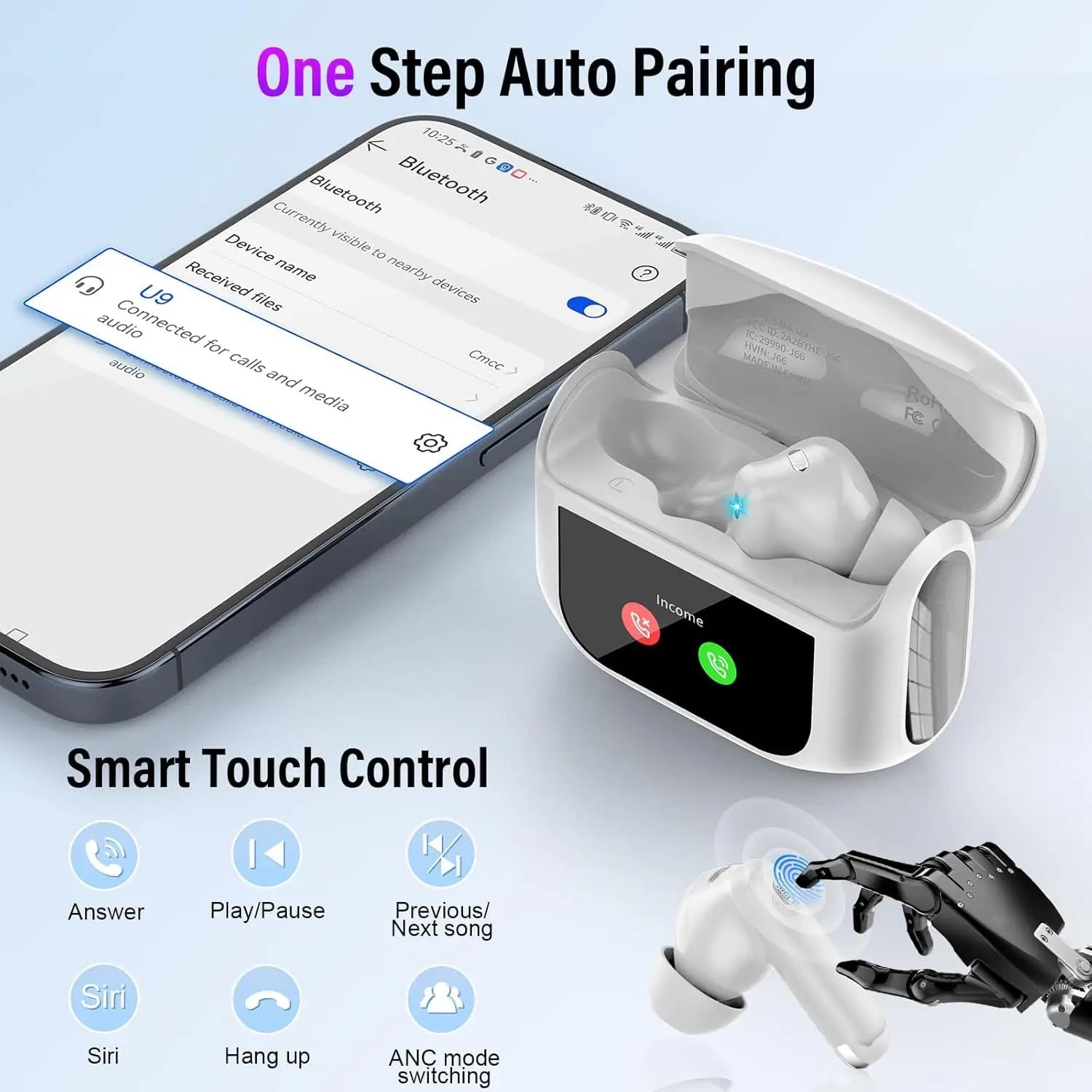 2026 Full-Color Touch Screen Earbuds 45dB ANC ENC Noise Cancelling Bluetooth 5.4 48H Battery 14.2mm Driver 5 EQ Modes IPX7 Waterproof Transparency Mode Wireless Earphones.