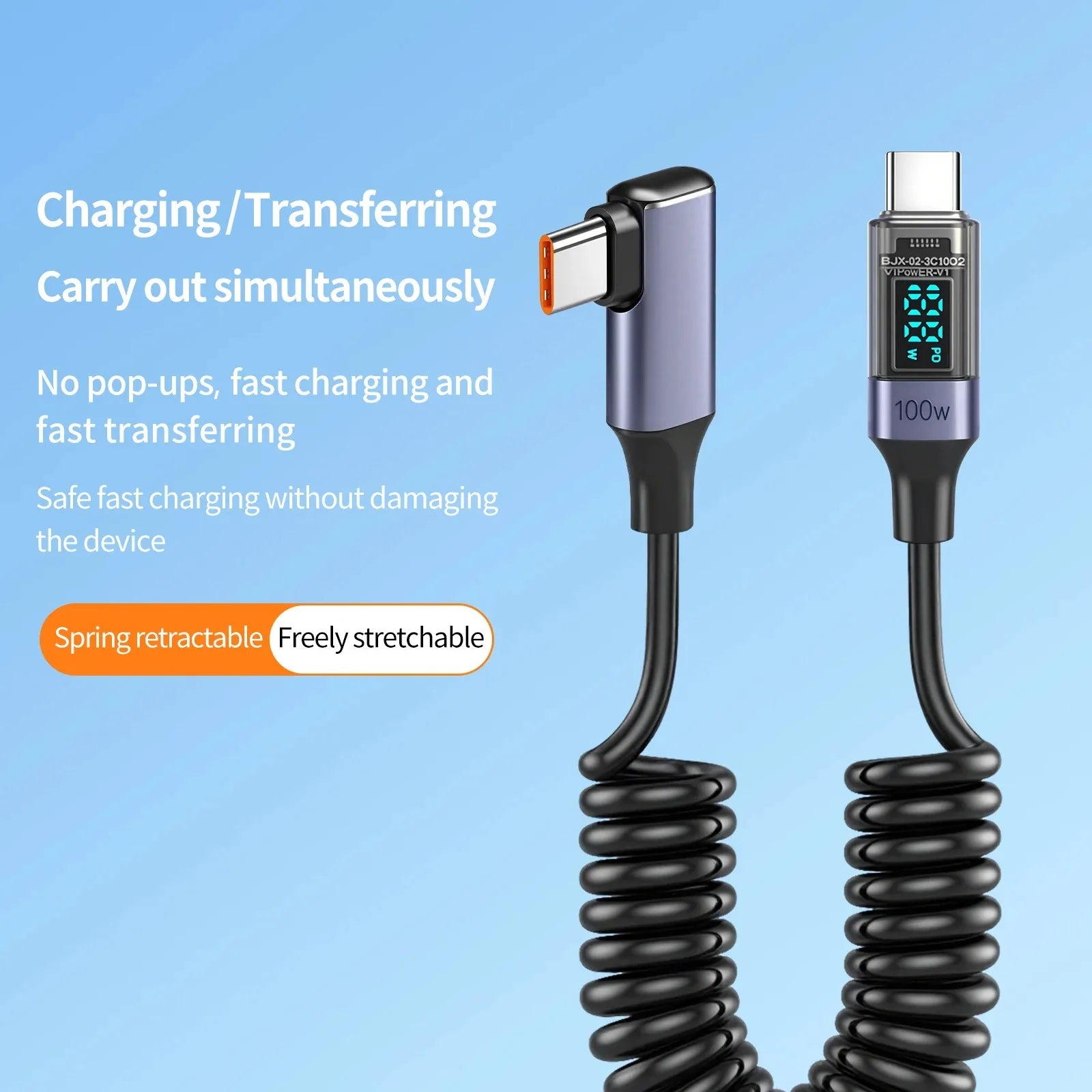 PD100W Right Angle USB C to Type C Coiled Fast Charging Cable LED Digital Display Charger Cord for iPhone 17/16/15 Samsung