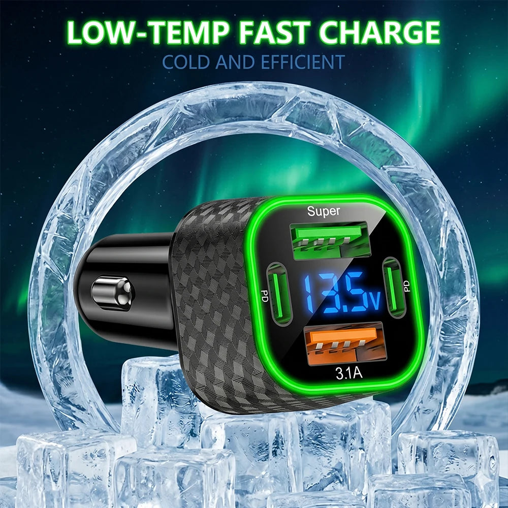 4 in 1 Car Phone Charger Dual PD USB C 380W Super Fast Charge Adapter Vehicle Power Plug Auto Phone Charger For iPhone Samsung