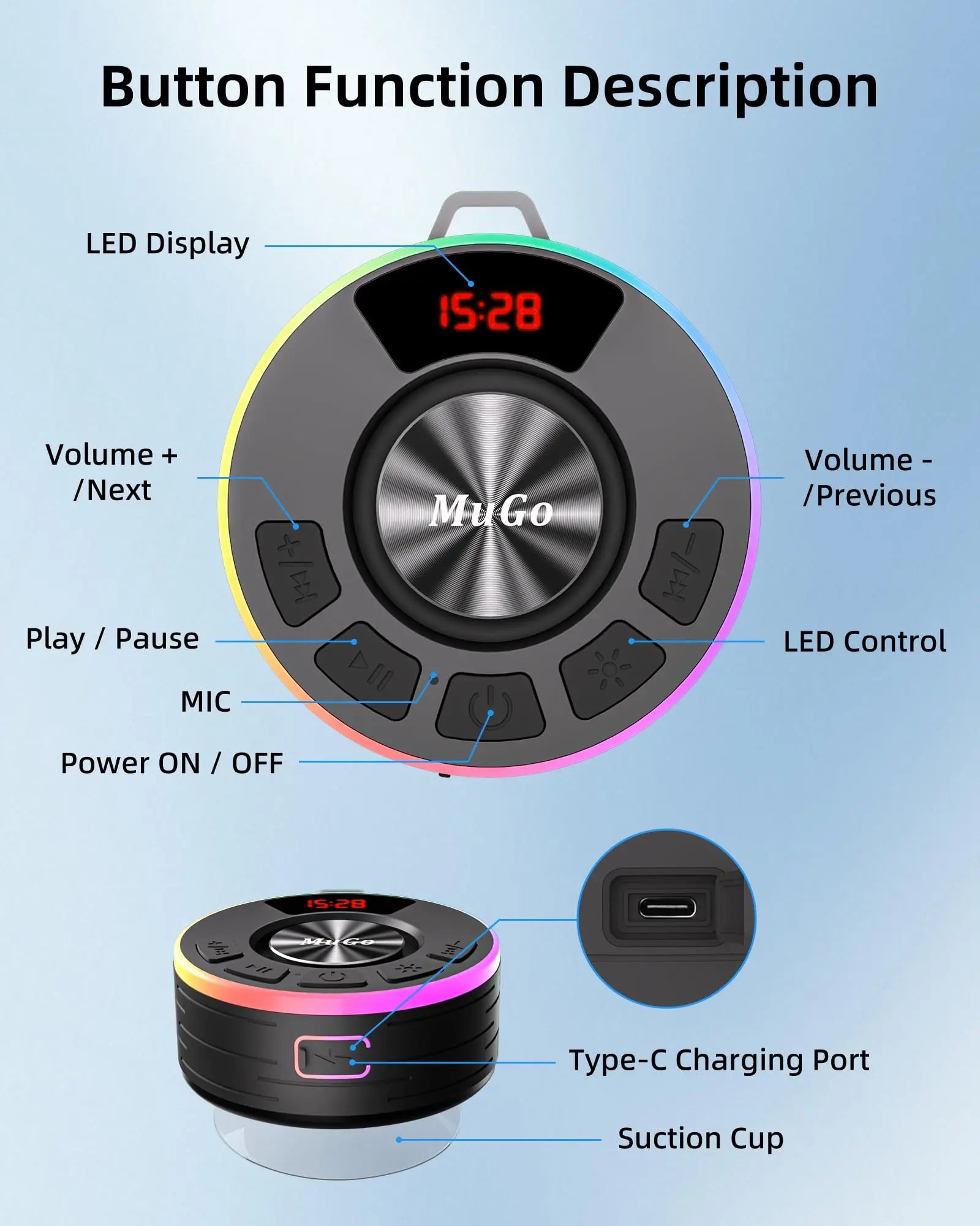 IPX7 Waterproof Floating Bluetooth Speaker | 360° Surround Sound + RGB Light Show | 10H Playtime | BT 5.3 | Built-in Mic | Detachable Suction Cup | Portable for Shower Beach Pool.