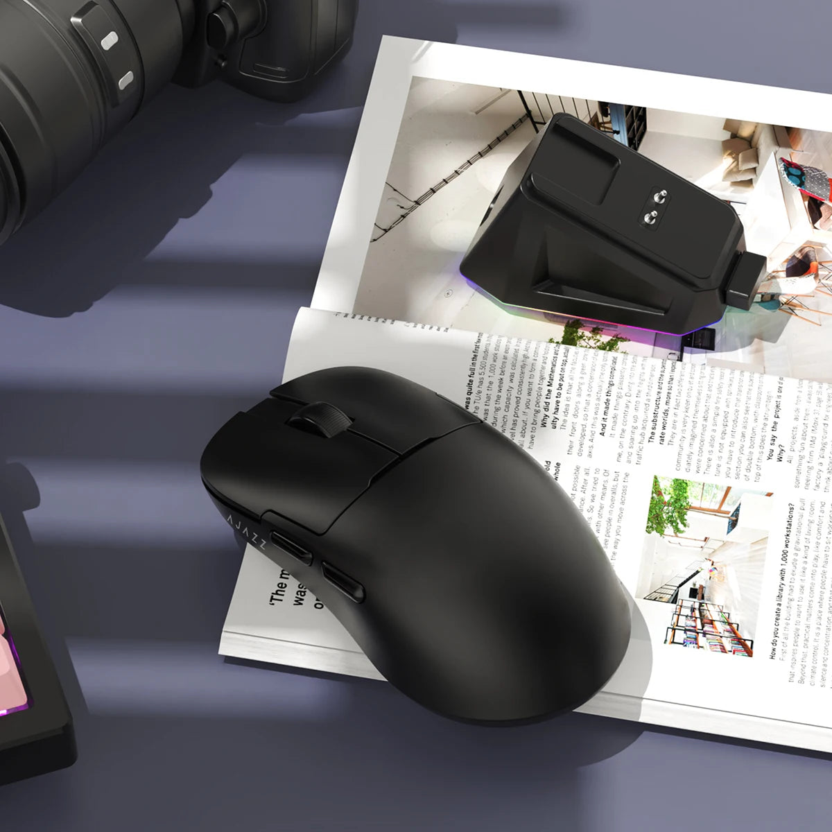AJAZZ AJ159P MC Wireless Gaming Mouse features a magnetic charging dock, a PAW 3311 sensor, a 1000Hz polling rate, and a 400mAh battery—say goodbye to battery anxiety