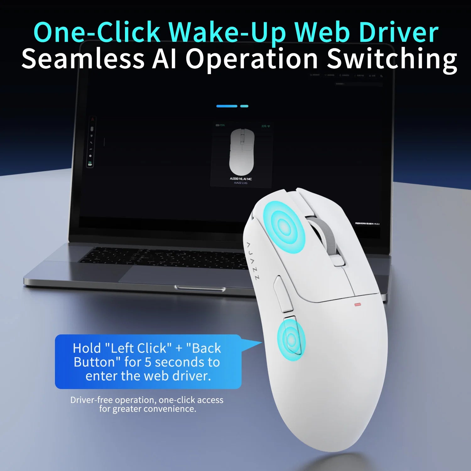 AJAZZ AJ200 NL AI MC & AJ200P NL AI MC Triple-Mode Smart Gaming Mouse, 63g ultra-lightweight, with magnetic dock, equipped with PixArt PAW3311 sensor, 2.4G / Bluetooth / Wired connection, 20-million-click switches and TTC enc