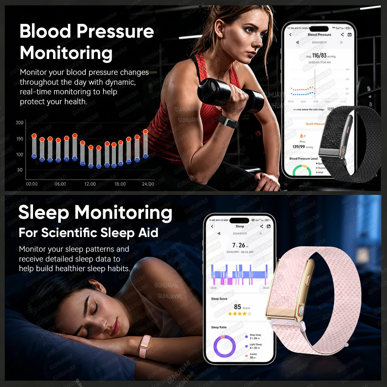 GUHUAVMI New ECG+PPG Health Smart Bracelet Heart Rate Blood Pressure Sleep Monitor SMS Call Reminder Fitness Tracker Smartwatchs