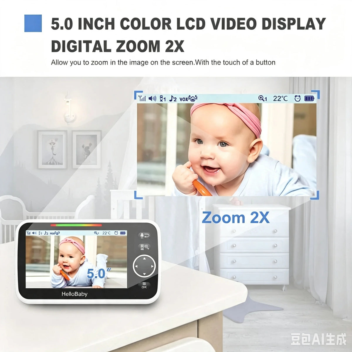 HelloBaby HB050 5" Wireless Video Baby Monitor with Night Vision, Crying Detection & Two-Way Talk