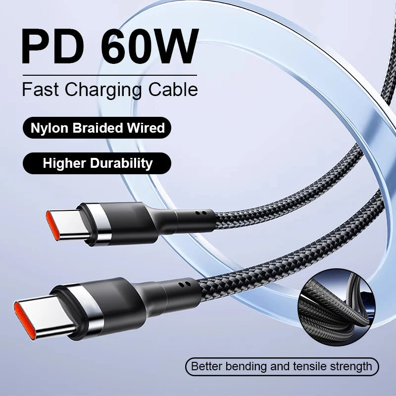 For iPhone 17 USB Type C 60W PD Fast Charging Cable USB C Quick Charger Braided Wired For iPhone 15 16 Pro Max Samsung Data Cord