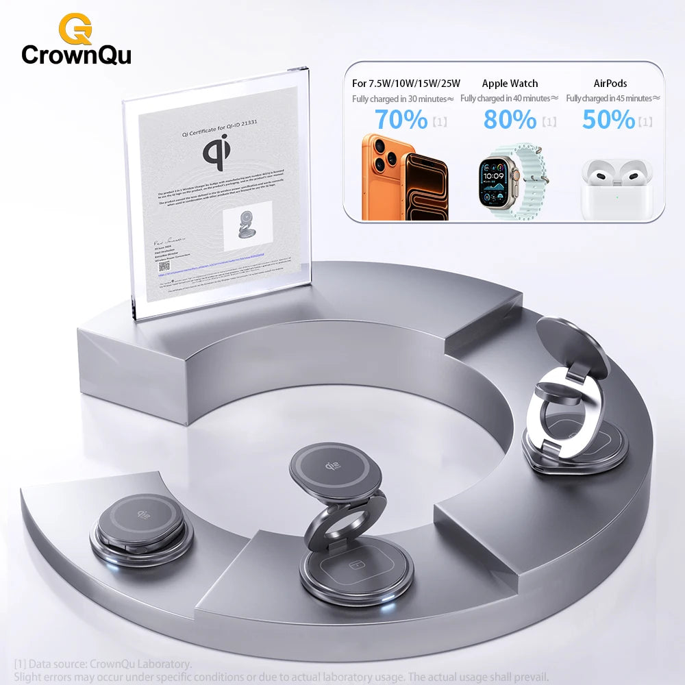 Qi2.2 25W Metal Magnetic Wireless Charger Fast Charging Station 360° Rotation Foldable for iPhone 17 16 15 Watch Airpods  3 in 1