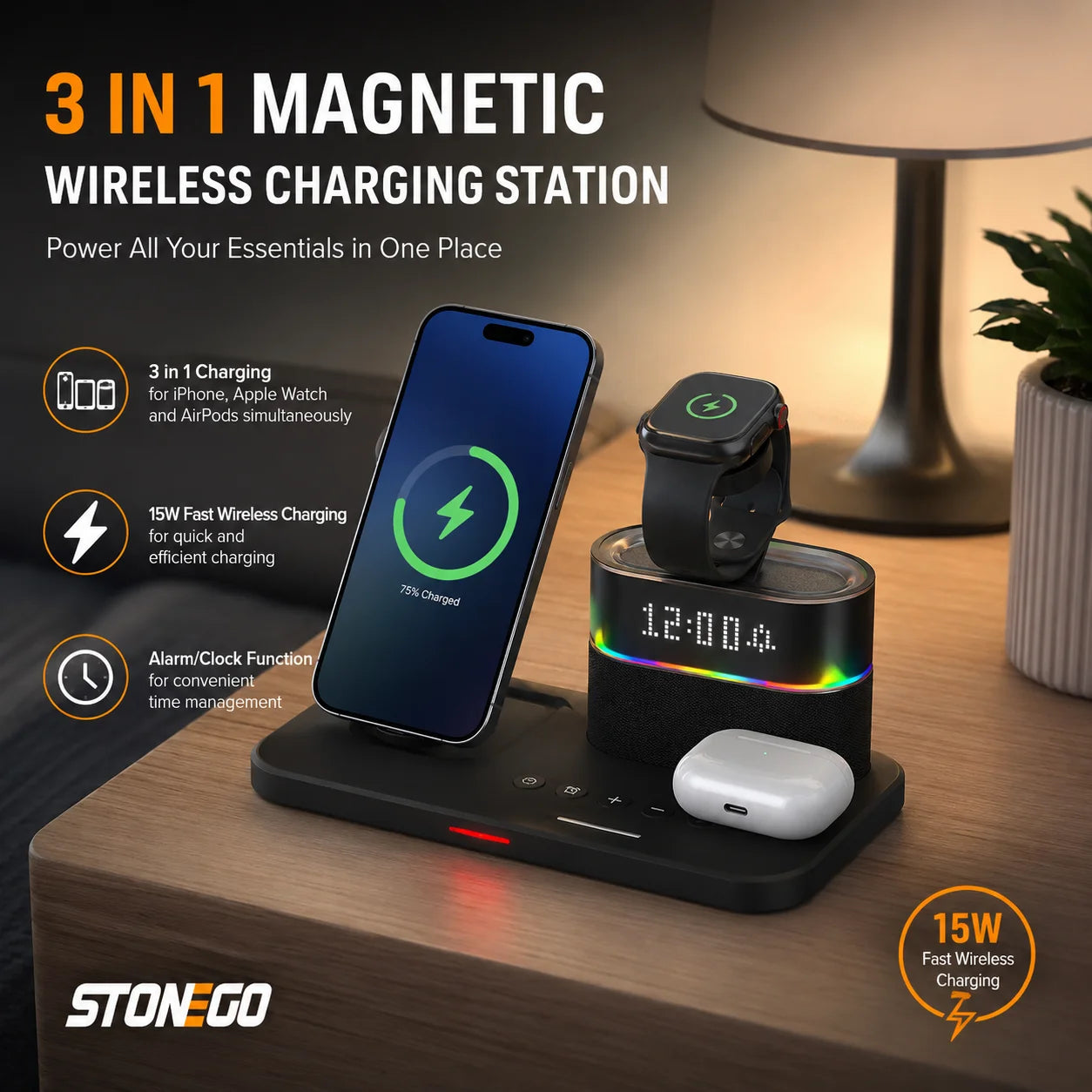 Wireless Charging Station Magnetic Stand for Series 17 16 15 14 13 12 iWatch Ultra 8 7 6 5 and Wireless Earbuds Pro 2 3