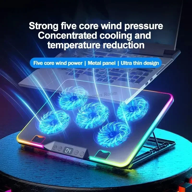 F36 Gaming Laptop Cooling Pad w/ 5 Fan Dual USB LED Screen Laptop Notebook Cooler Stand for 11-17.3'' 7 Angle Adjustable Bracket