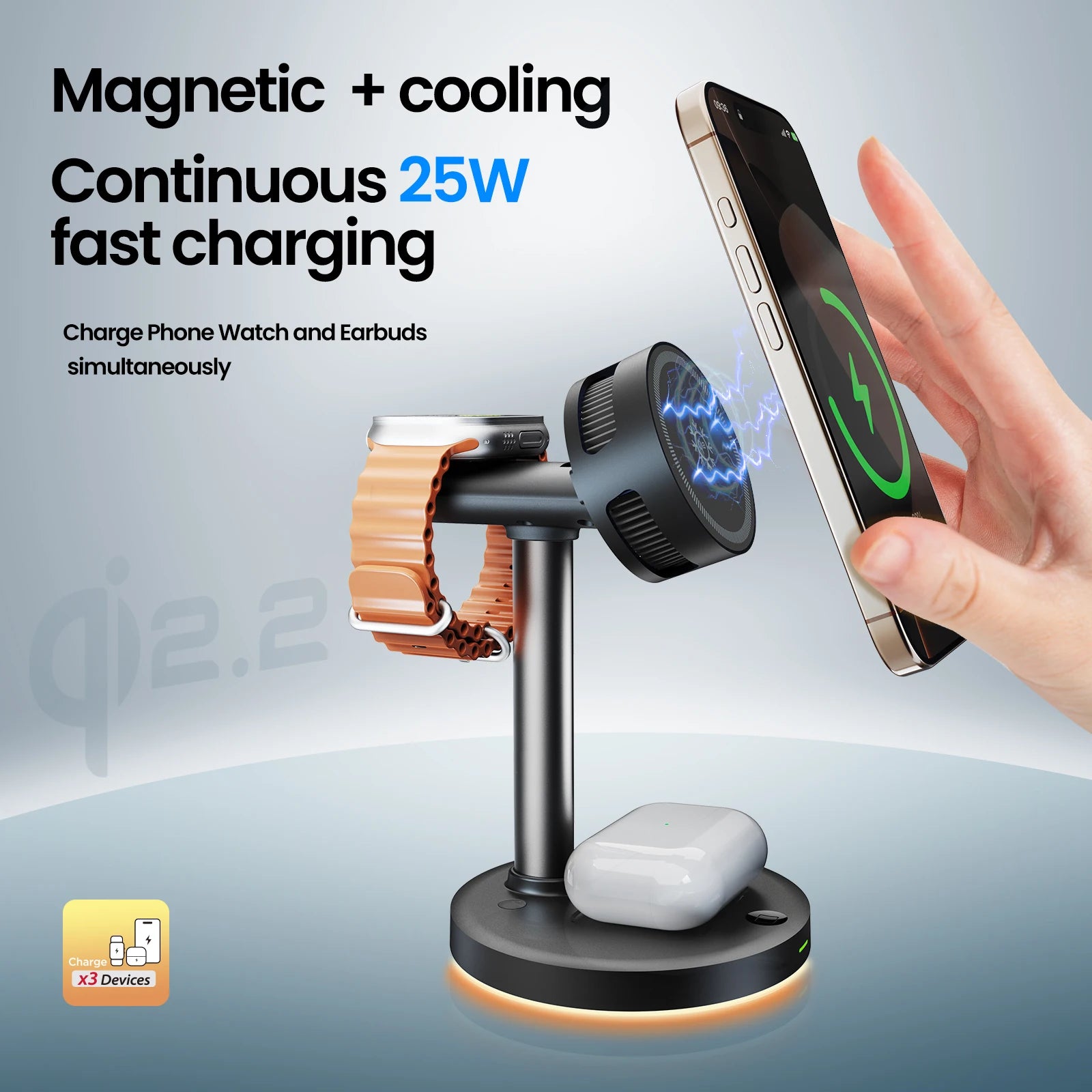 LED Light & Air Cooling & qi2 25W Magnetic Wireless Charger For iPhone 17 16 15 14 13 12 Apple Watch Airpods Pro Fast Charging